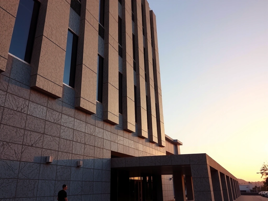 Fachada de granito gris en Torre Avenida, textura y luz de tarde